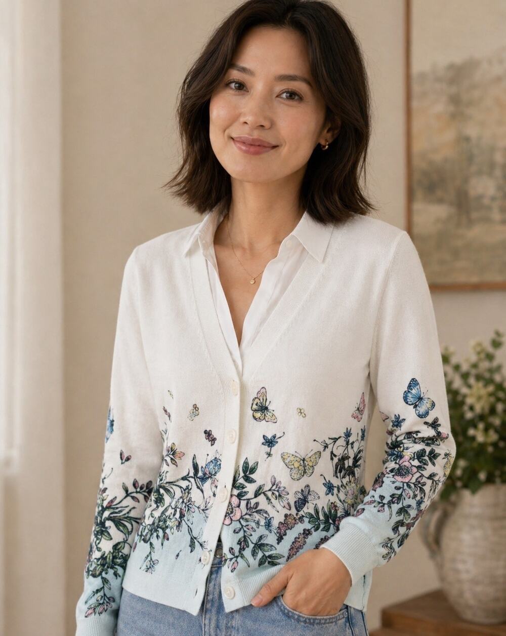 Talbots Petite Cardigan MP Floral Butterfly Print Cotton Blend